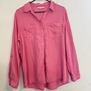 Chico's Shirt Women's 12 Pink Frayed Trim Roll-Tab Long Sleeve Button Up Blouse